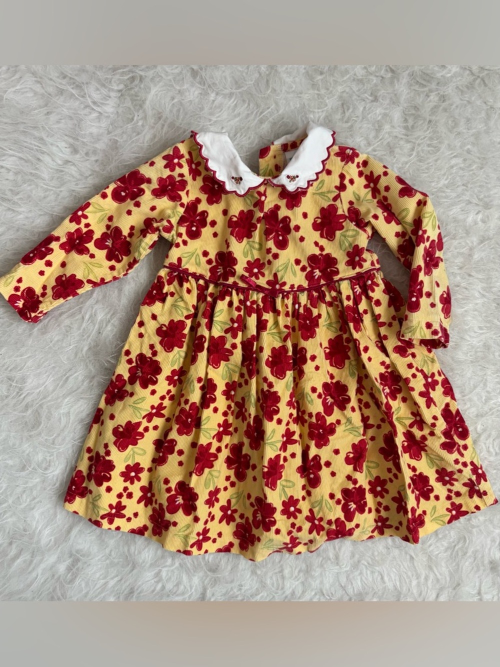 Little Me Vintage Style Yellow Corduroy Baby Girl Dress with Red Floral AOP